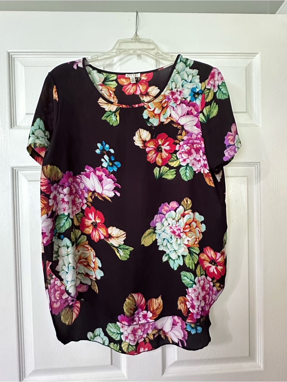 Floral Black Short-Sleeve Blouse - Multicolor Flower Print